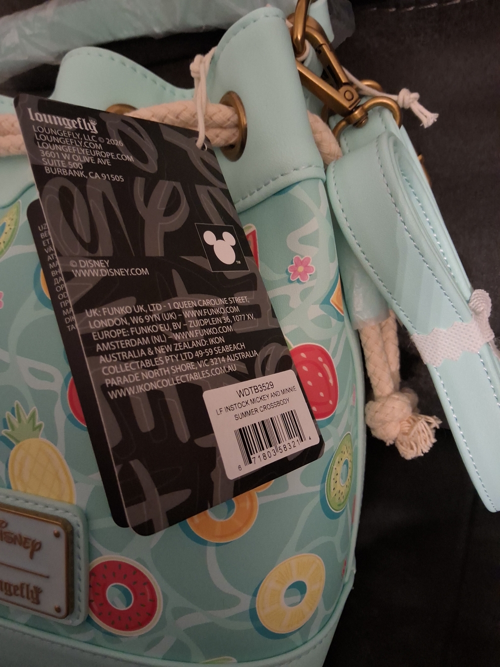 HARDTAG Loungefly Mickey & Minnie Fruit Pool Floats Allover Bucket Crossbody Bag - Picture 6 of 6
